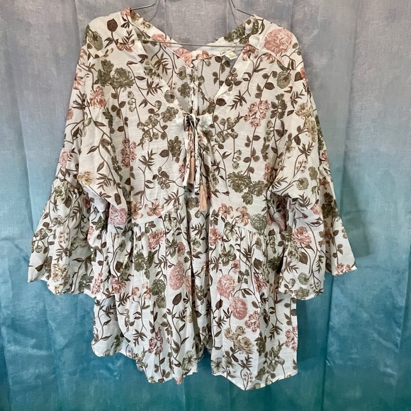 Cato Tops - Cato XL Pink Floral Boho/Peasant Tie Up V Neck Babydoll Smocked Blouse Top Shirt